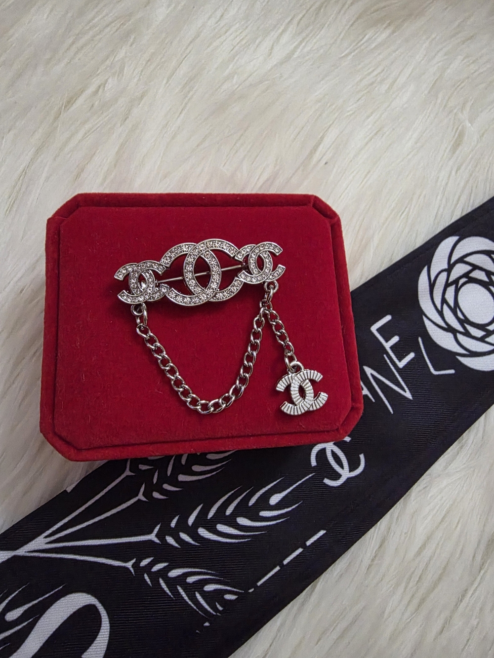 Silver Chain Brooch Pin with Crystal Accents
